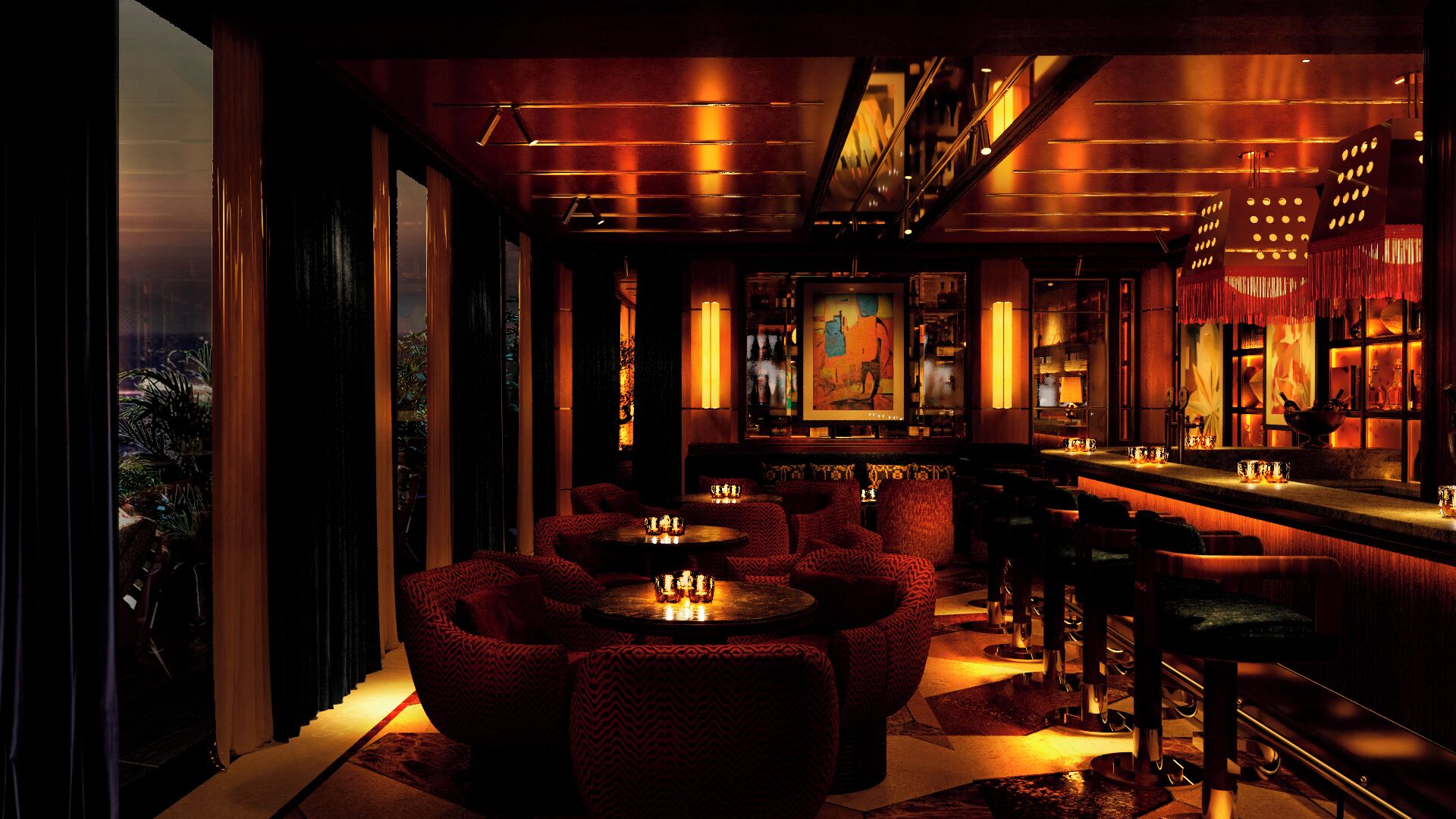 A dimly lit bar area with seating, a large painting on the wall, and a view through the window.