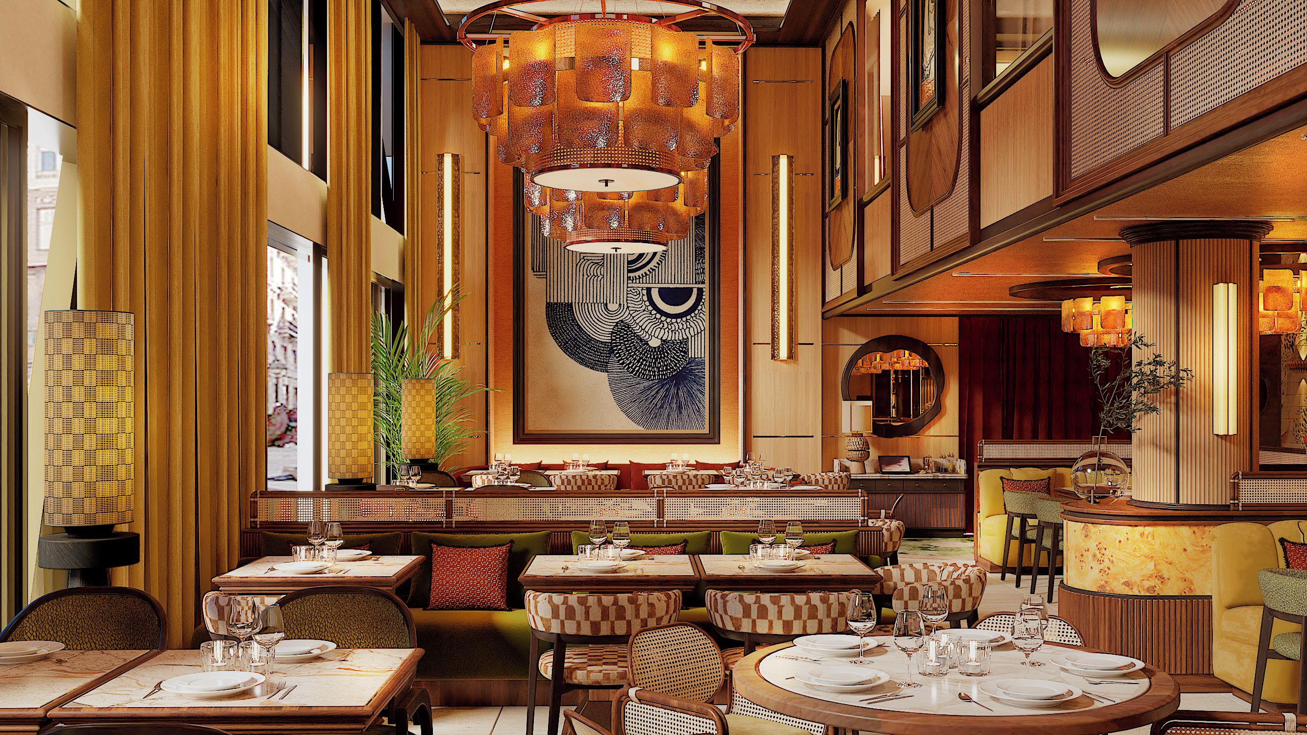 A restaurant interior with high ceilings, patterned walls, and a large abstract artwork.