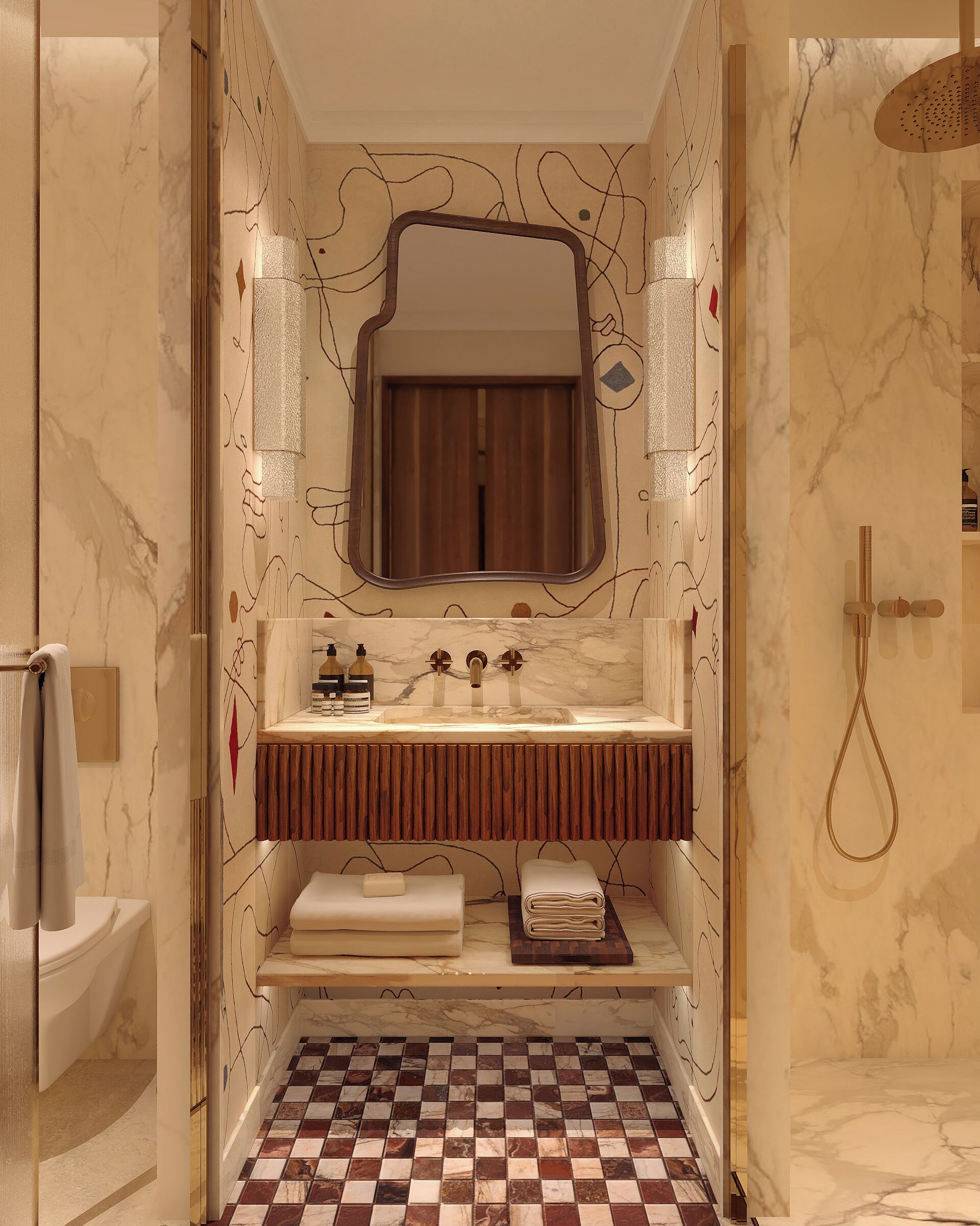 A bathroom with a marble floor, a sink with a wooden vanity, a mirror, and a shower area.