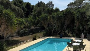En rektangulär swimmingpool med en kant av kakel, omgiven av en uteplats med stolar och ett bord.