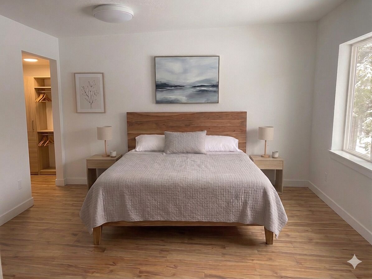 A bedroom with a wooden headboard, a bed with a quilted bedspread, bedside lamps, a framed abstract painting, and a window with a view.. Modern Montana Woodland Retreat on 20 Acres near Glacier National Park