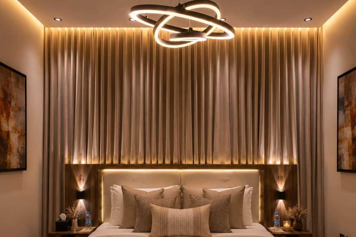 A modern bedroom with a large bed, a unique ceiling light, and a curtain backdrop.