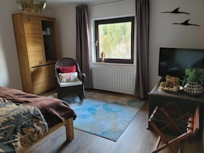 Ein Zimmer mit einem Bett, einem Holzschrank, einem Sessel mit Kissen, einem Heizkörper, einem Fenster mit Vorhängen, einem Fernseher und einer kleinen Zimmerpflanze.