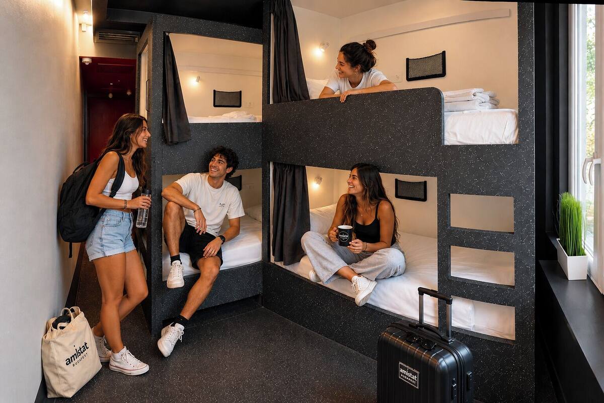 A bunk bed room with a suitcase, a backpack, and a bag on the floor.