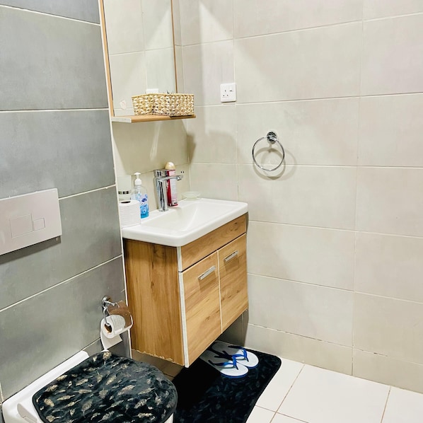 Hair dryer, towels, soap, shampoo