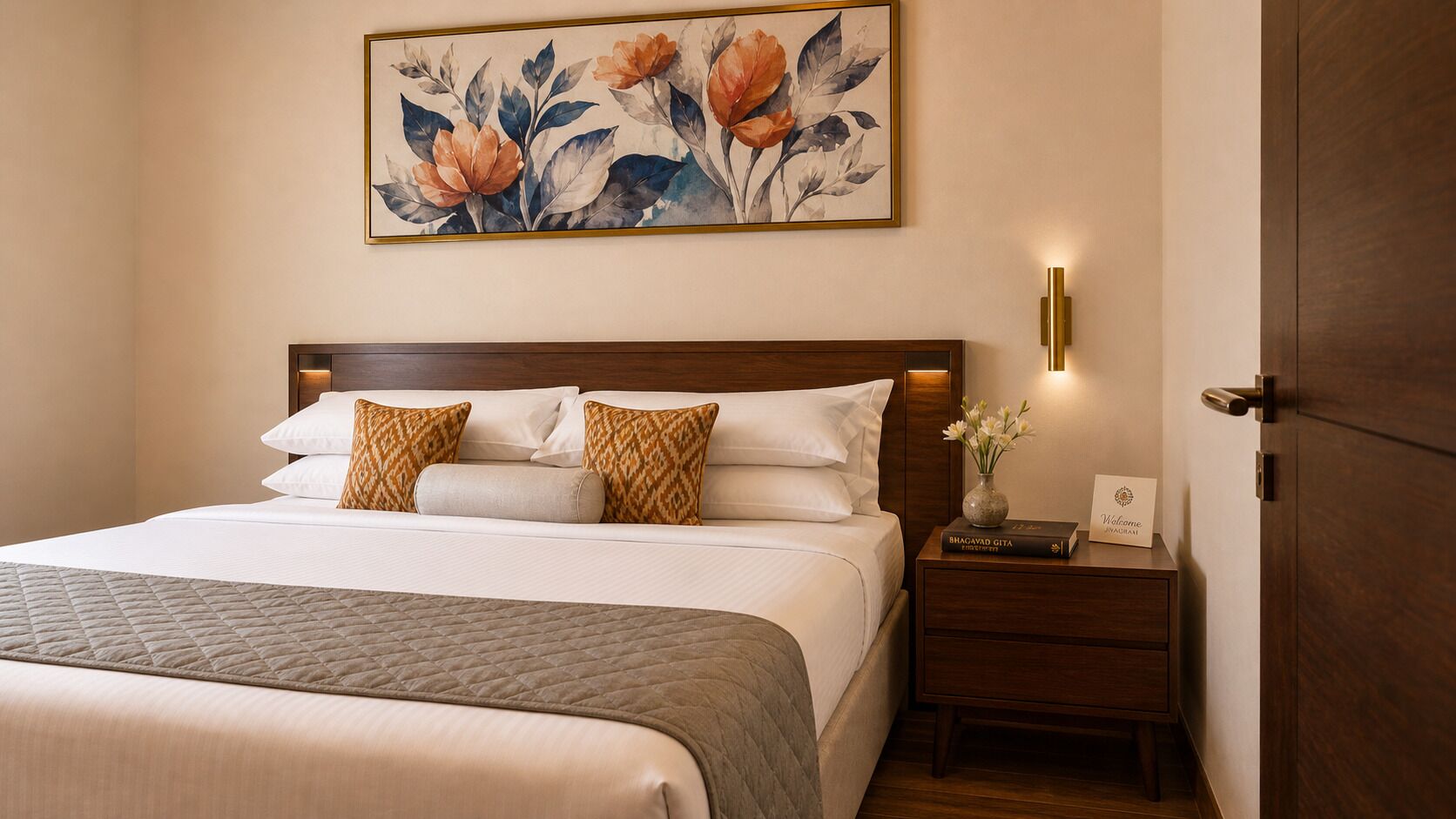 A neatly made bed with a quilted blanket, a wooden headboard, and a nightstand with a book and a vase of flowers.