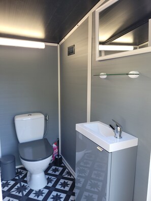 Regadera, secadora de cabello, toallas, papel de baño 