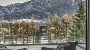 Un balcón con vista a montañas nevadas y una zona residencial.
