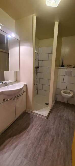 Une salle de bain Ă©quipĂ©e dâun lavabo, dâun miroir, de toilettes et dâune douche.