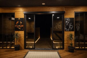 A hotel entrance with wooden paneling, glass doors, and potted plants.