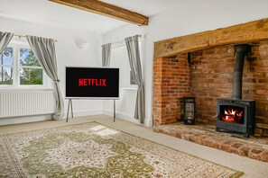 A living room with a fireplace, a TV screen displaying 'NETFLIX,' and a patterned rug.