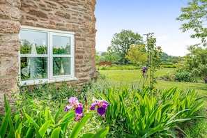 A stone building with a white window, surrounded by lush greenery and purple flowers.