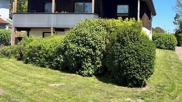 Een gebouw met twee verdiepingen, een donkere gevel, een balkon op de bovenverdieping en een verzorgd gazon ervoor.