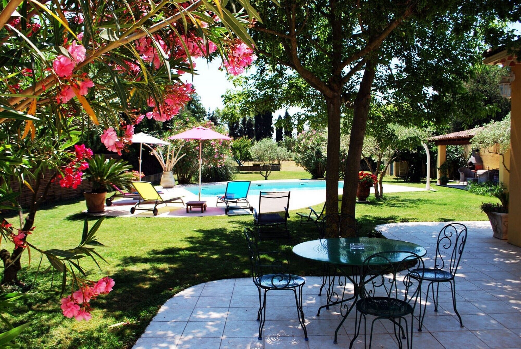 A backyard with a swimming pool, outdoor furniture, and potted plants.