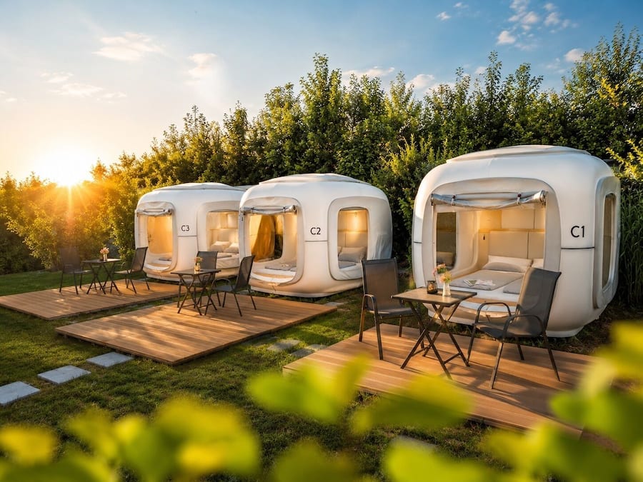 Drei moderne, weiße, kuppelförmige Zelte mit den Etiketten C1, C2 und C3, jeweils mit einem kleinen Tisch und Stühlen, auf einer Holzterrasse in einer grünen Umgebung mit einer dichten Hecke im Hintergrund.
