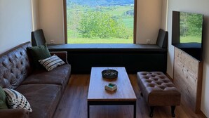 A modern living room with a large window, a sofa, a coffee table, and a television.