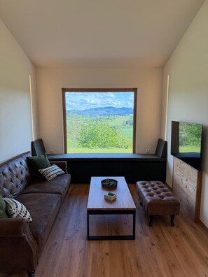 Un salon moderne avec une grande fenêtre, un canapé, une table basse et un téléviseur.