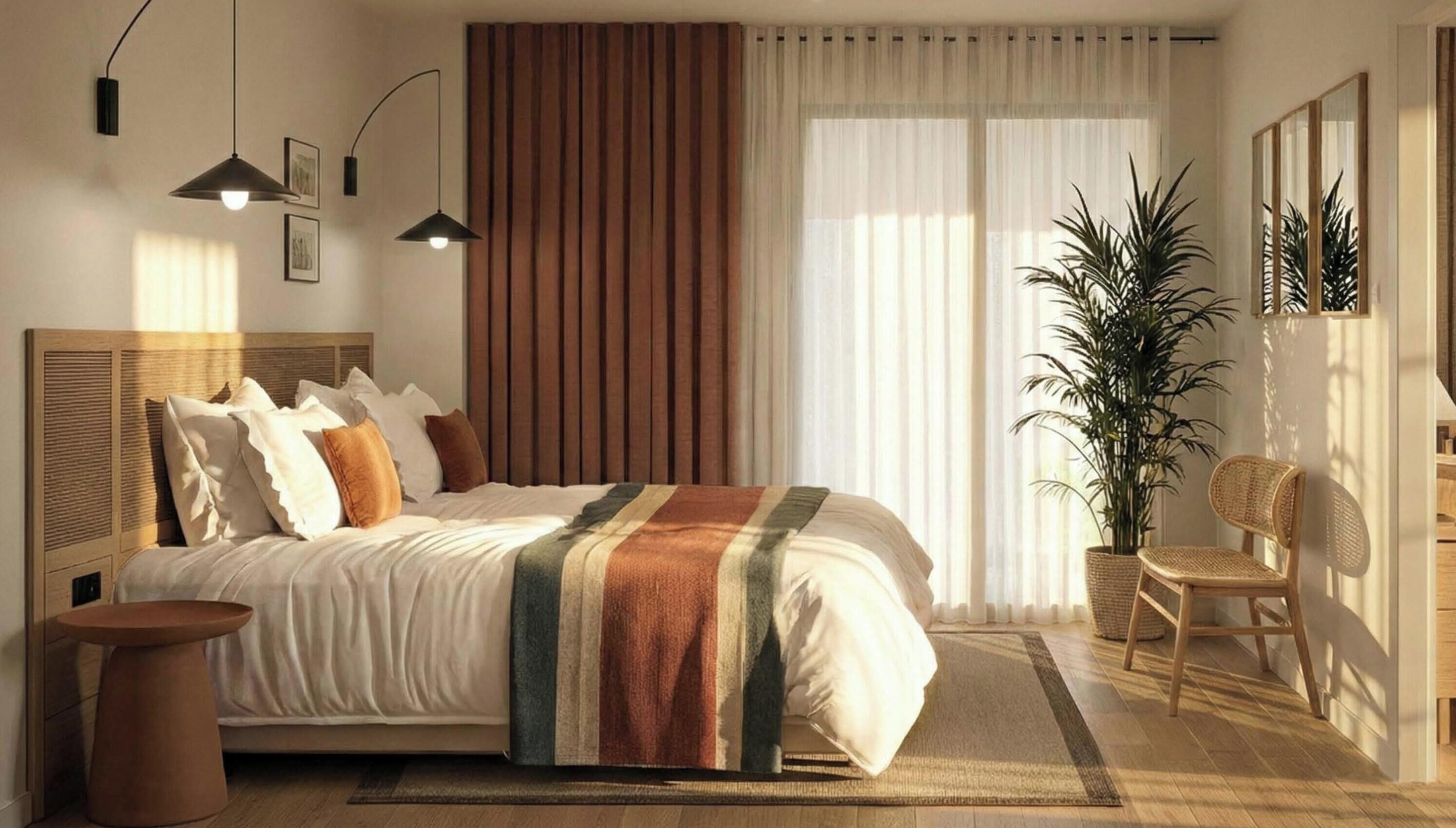 A modern bedroom with a large bed, two pendant lights, a potted plant, a chair, and a mirror.