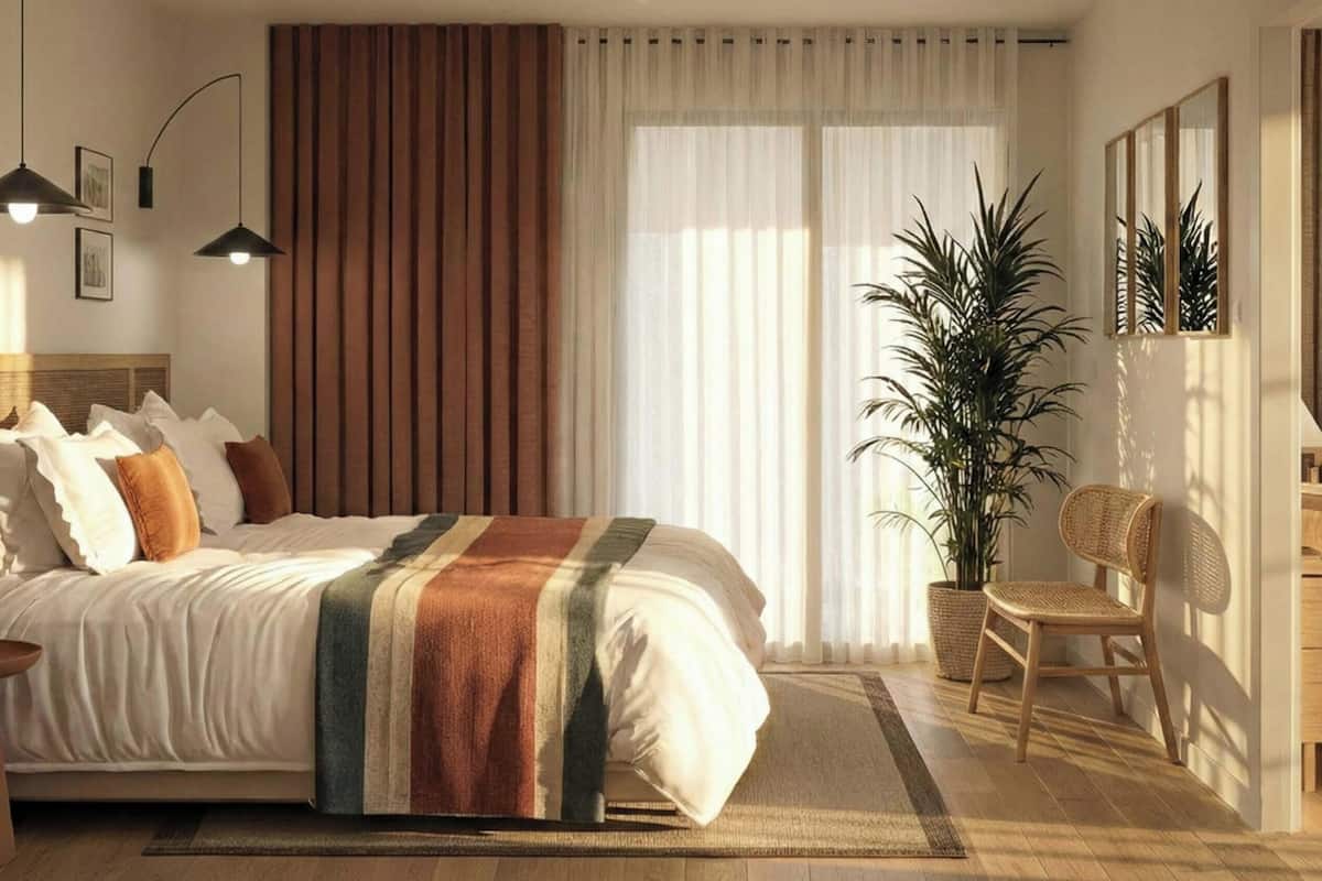 A modern bedroom with a large bed, two pendant lights, a potted plant, a chair, and a mirror.
