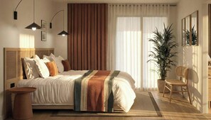A modern bedroom with a large bed, two pendant lights, a potted plant, a chair, and a mirror. - Aduana Suites (Tarragona)