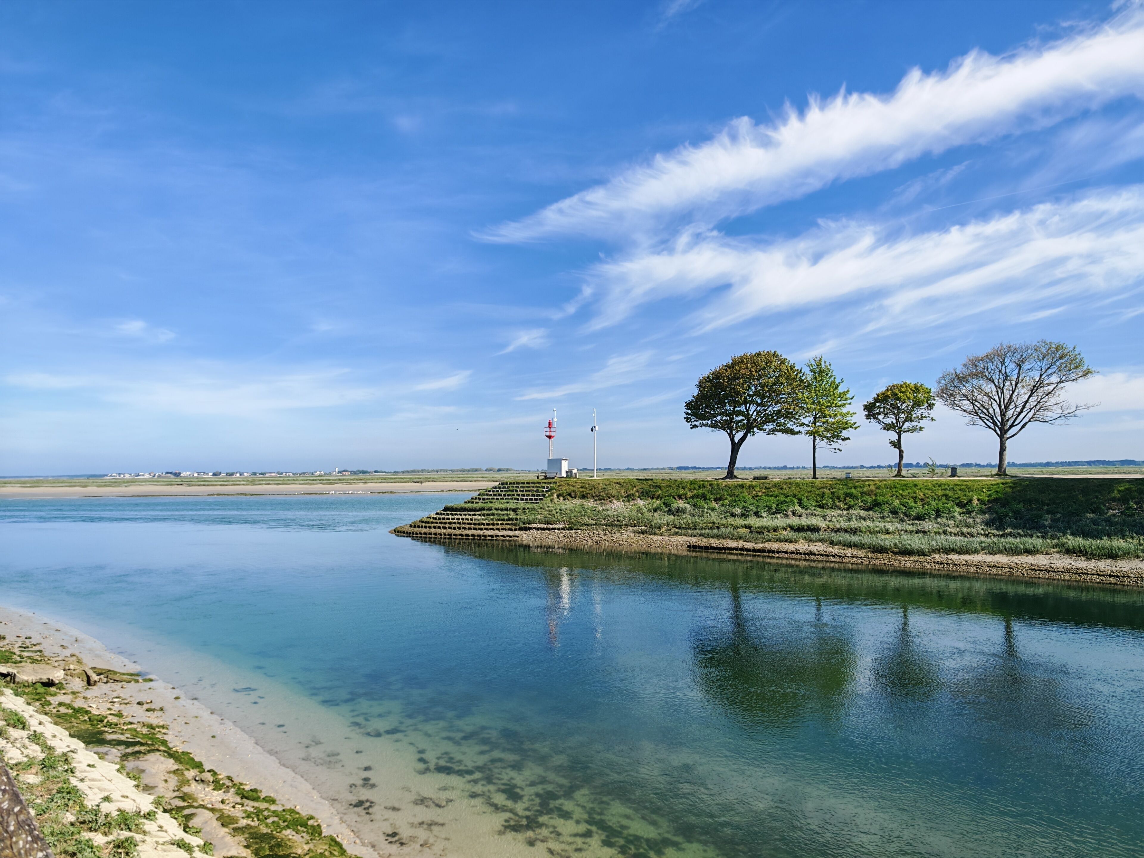 A coastal landscape with a lighthouse, trees, and a calm body of water.