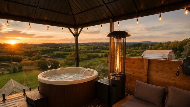 A hot tub, outdoor seating, a table with a candle, and a view of the countryside. - 564 C | Le Refuge Spa Riviere & Billard (Saint-Léon-de-Standon)