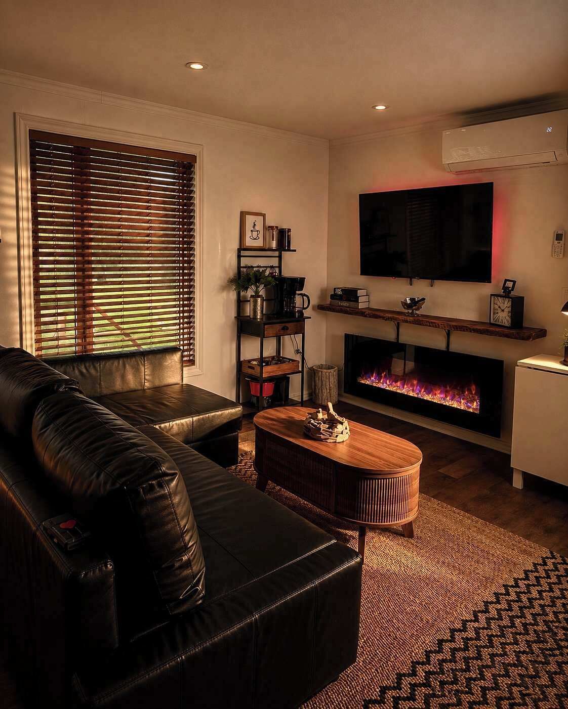 Una sala de estar con un sofá de cuero, una mesa de centro, una chimenea, un televisor y una estantería.