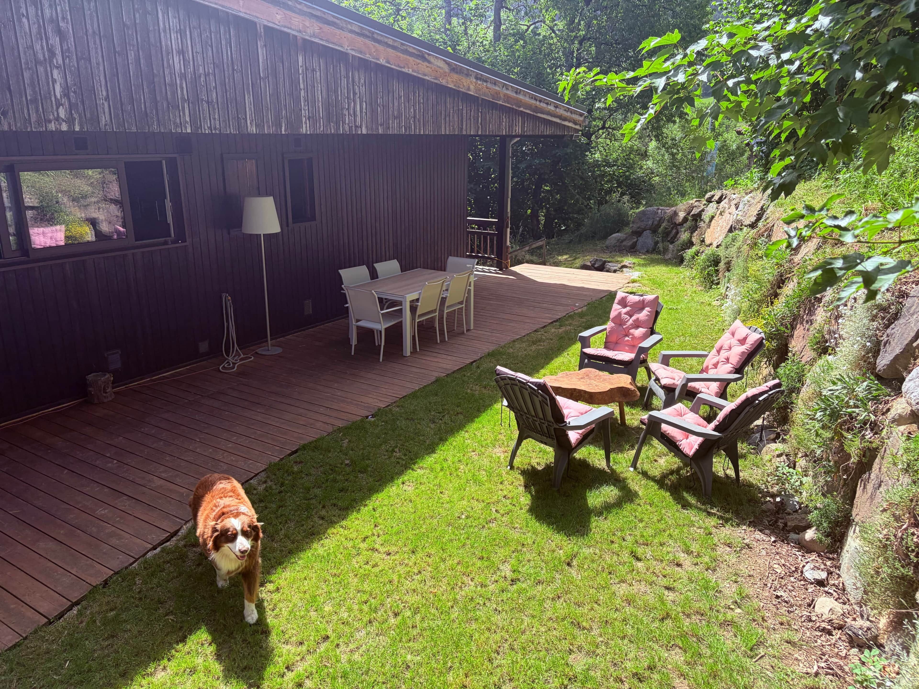A wooden deck with outdoor furniture, a dog, and a building with windows.