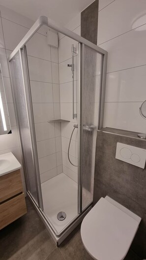 Shower, hair dryer, soap, toilet paper