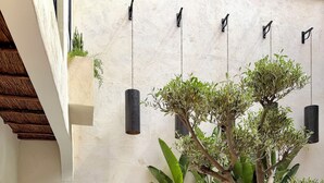 Une cour avec un espace aménagé pour s’asseoir, un arbre en pot, des guirlandes lumineuses et un sol carrelé.