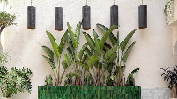 Un banc aux carreaux verts agrémenté de coussins jaunes et blancs, une petite table avec un vase, et des lampes suspendues devant un mur à la texture particulière.