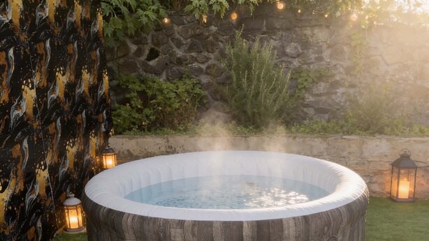 Ein Whirlpool in einem Garten mit einer Steinmauer und viel Grün im Hintergrund.