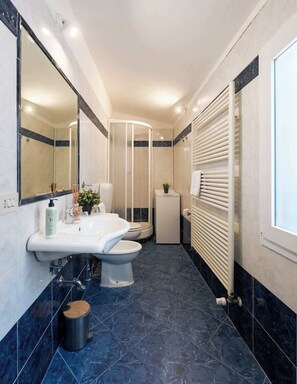 Ein modernes Badezimmer mit einem runden Waschbecken, zwei Toiletten, einer Duschkabine und einem Handtuchwärmer.