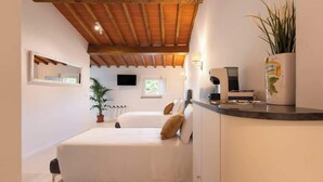 Ein Schlafzimmer mit zwei Betten, Holzboden, Fernseher, einer Pflanze und einer Küchenzeile.