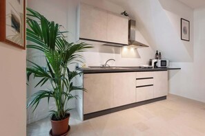 A modern kitchen with a sink, cabinets, a microwave, and a potted plant. - Historic Tuscan Apt w/Balcony, Fast WiFi - Greve View (Greve in Chianti)