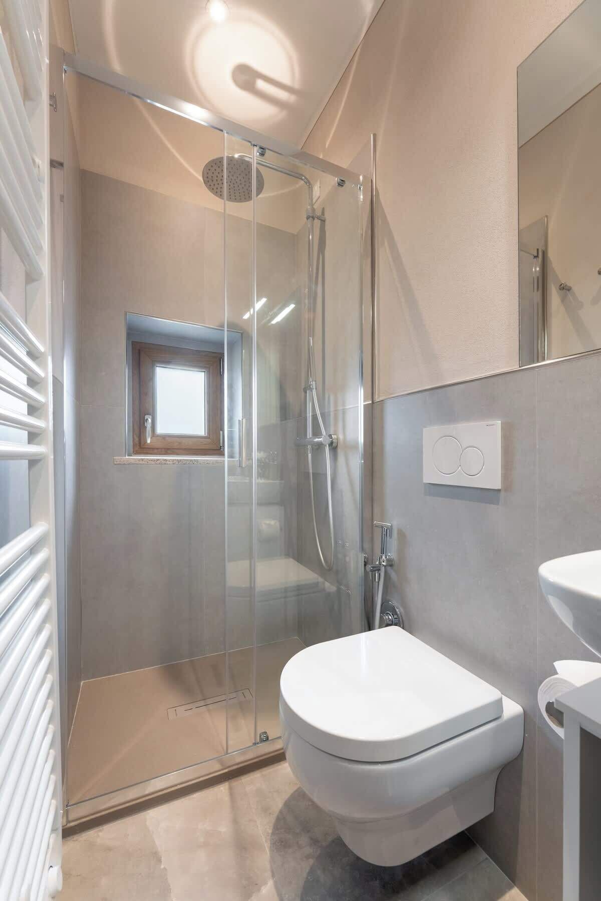 A modern bathroom with a glass-enclosed shower, a toilet, and a sink.