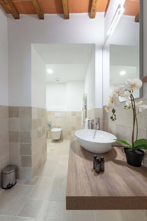 A modern bathroom with a large white sink, a mirror, and a potted orchid. - Casa Falorni, 2b - Ventura - Bilocale (Greve in Chianti)