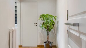 Ein Flur mit Heizkörper, Topfpflanze, einer Tür und einem an der Wand befestigten Lichtschalter.