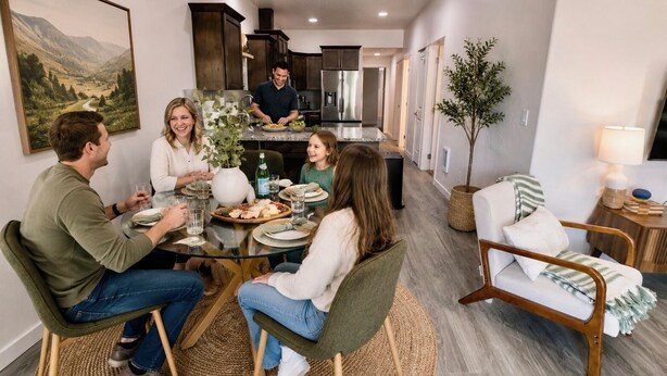 A family dining in a modern kitchen with a dining table, chairs, and a kitchen counter. - This 3BR/2BA retreat. North End Haven | Steps from Parks, Trails & Local Favorites Walking distance to Hyde Park  and Camel’s back park | Close to Boise White Water park and E Bikes For Rent it simple at this peaceful and centrally-located place. (Boise)