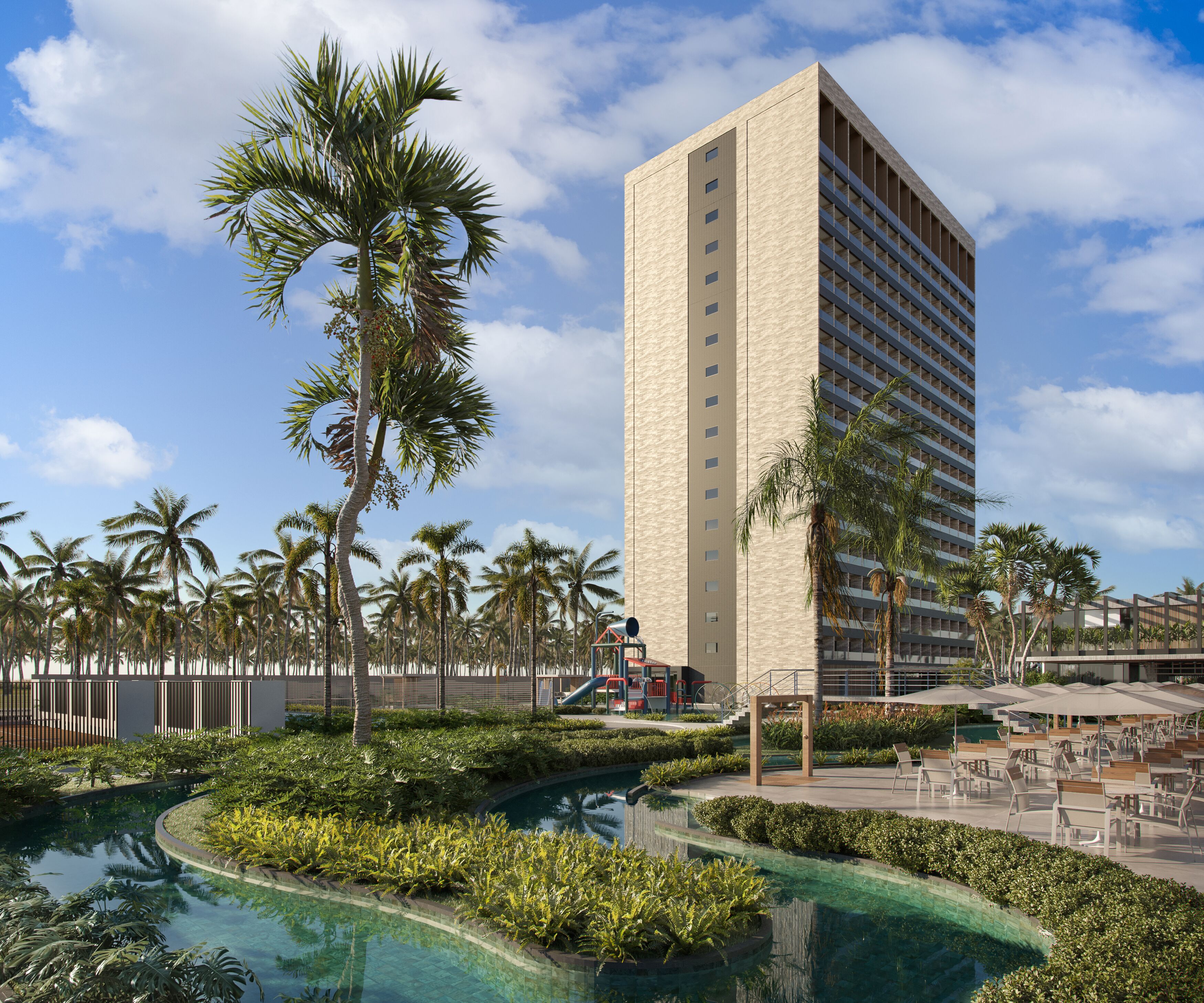 A modern hotel with a pool, palm trees, and a clear blue sky.