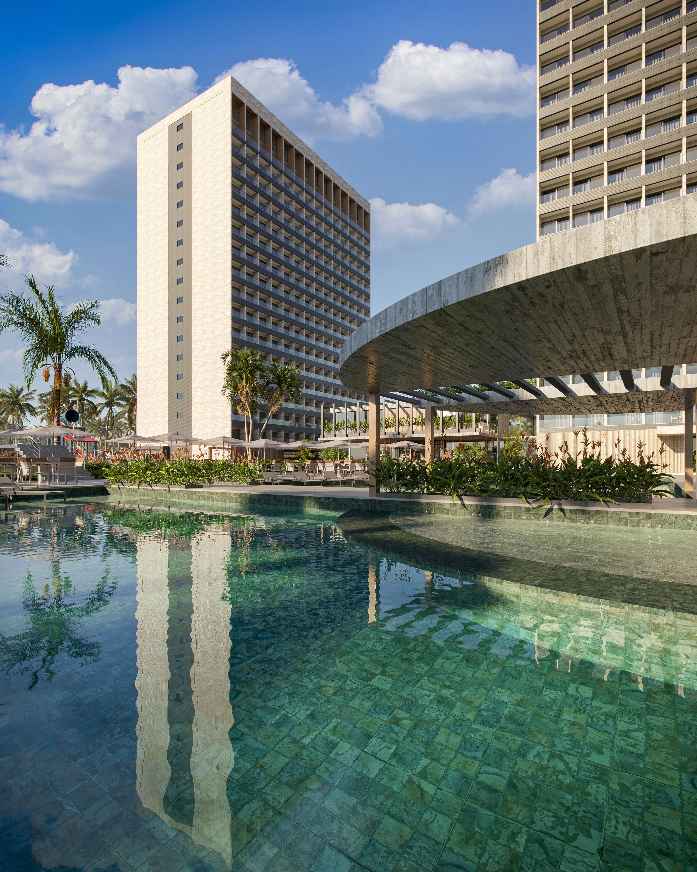 A hotel with a large pool, palm trees, and modern architecture.