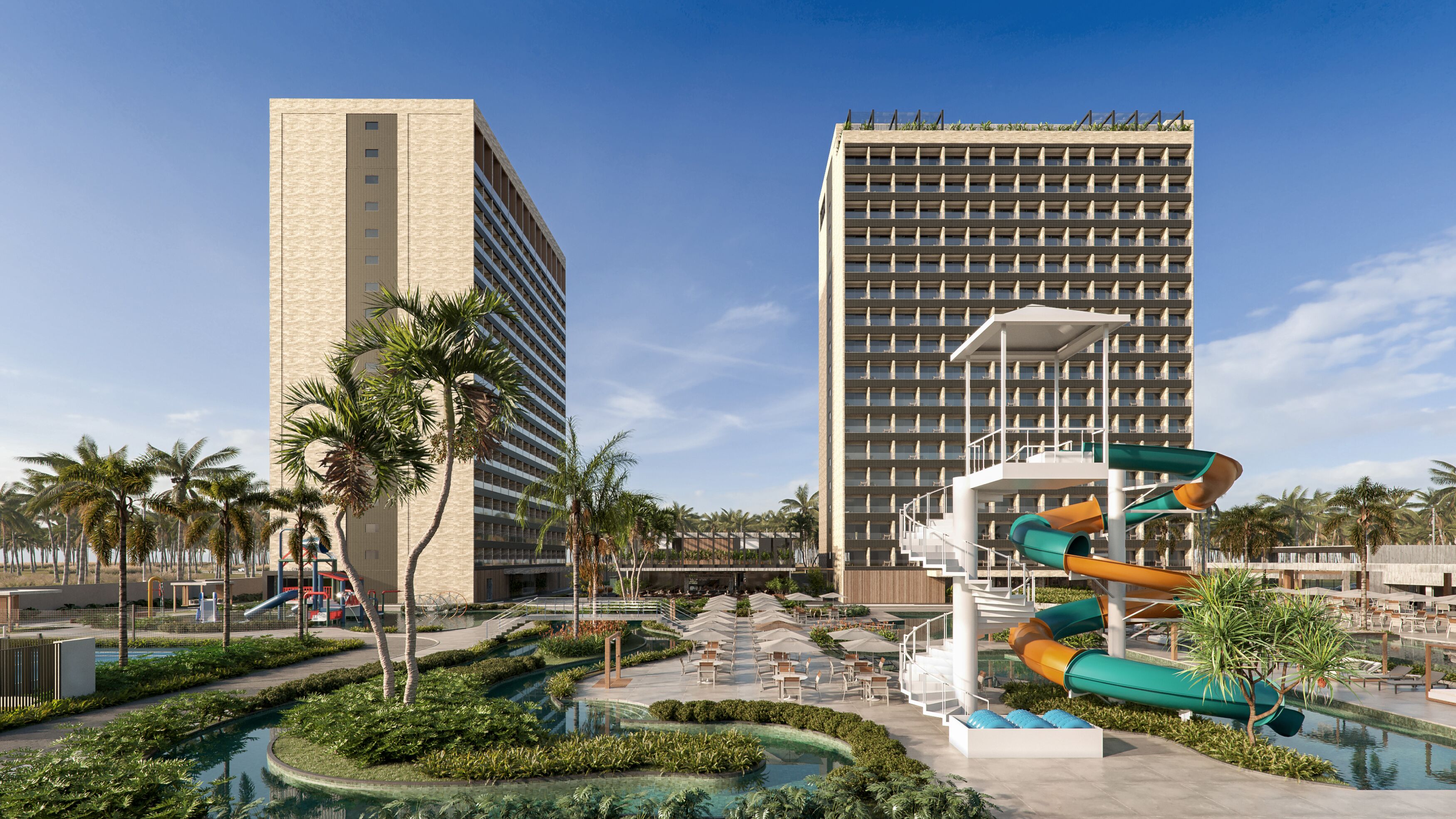 Un resort con piscina, palmeras y dos edificios altos.