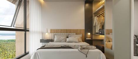 A modern bedroom with a large window, a bed with a headboard, bedside tables, and a built-in closet with a mirror.