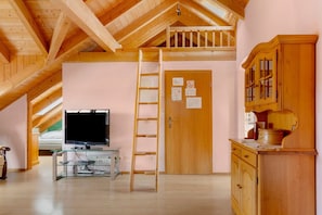 Ein Schlafzimmer im Dachgeschoss mit einem Hochlagger und einem Fernseher auf einem Glastisch, Holzschränken und einer Leiter.