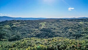 Et panorama over et bakket landskab med klar himmel og fjerne bjerge.