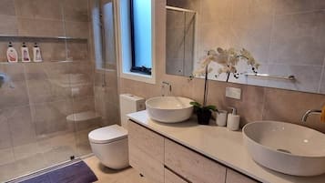 Hair dryer, soap, shampoo, toilet paper