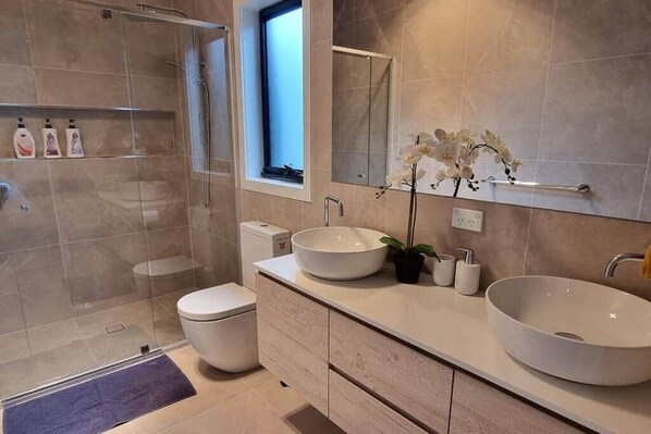 A modern bathroom with a glass shower enclosure, a toilet, two sinks, and a mirror.