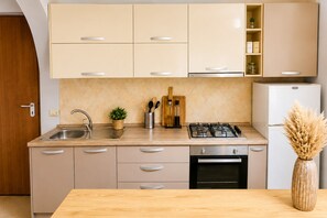 A modern kitchen with a gas stove, sink, cabinets, and a refrigerator. - Bubu Garden Apartament - 3 Bedrooms (Durres)