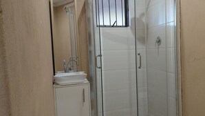 Une salle de bain équipée d’un lavabo, d’un miroir et d’une cabine de douche.