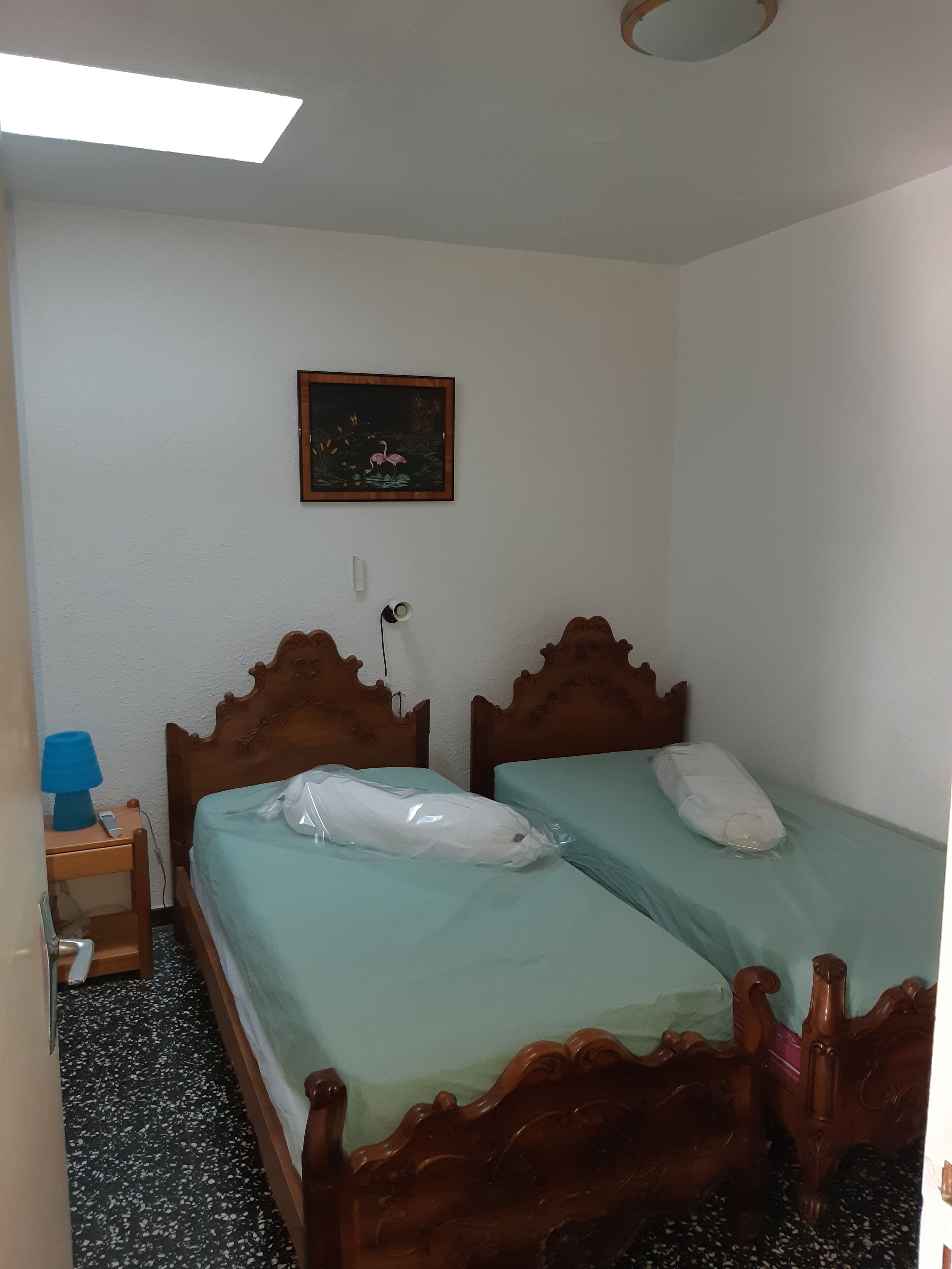 Een kleine kamer met twee houten bedden, een nachtkastje met een lamp, een ingelijst schilderij aan de muur en een plafondlamp.